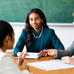 A diverse group of university students from various cultural backgrounds, fully clothed in appropriate, modest academic attire, are engaged in a discussion with a female exchange program coordinator. The coordinator, dressed in a professional business suit, is seated at a large, round table in a bright, modern university common area, actively listening and gesturing thoughtfully. A world map is visible in the background, subtly indicating global connections. The scene emphasizes cultural immersion, mutual understanding, and mentorship. The image should feature perfect anatomy, correct proportions, natural poses, well-formed hands, proper finger count, and natural body proportions. This is a professional photography shot, safe for work, appropriate content, and family-friendly.