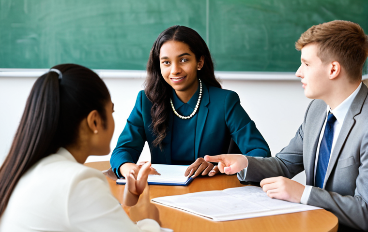 A diverse group of university students from various cultural backgrounds, fully clothed in appropriate, modest academic attire, are engaged in a discussion with a female exchange program coordinator. The coordinator, dressed in a professional business suit, is seated at a large, round table in a bright, modern university common area, actively listening and gesturing thoughtfully. A world map is visible in the background, subtly indicating global connections. The scene emphasizes cultural immersion, mutual understanding, and mentorship. The image should feature perfect anatomy, correct proportions, natural poses, well-formed hands, proper finger count, and natural body proportions. This is a professional photography shot, safe for work, appropriate content, and family-friendly.