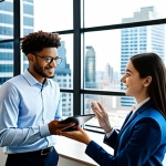 A professional exchange coordinator, a woman in a modest business suit, is guiding a young adult student, a man in appropriate casual business attire, through a detailed financial projection on a sleek, modern tablet. They are in a well-lit, contemporary office with large windows overlooking a blurred city skyline. The atmosphere is collaborative and optimistic, highlighting clarity and a clear path forward. Both subjects have perfect anatomy, correct proportions, and natural poses, with well-formed hands and proper finger count. They are fully clothed, in professional dress, safe for work, appropriate content, and family-friendly. High-quality professional photography, natural lighting.