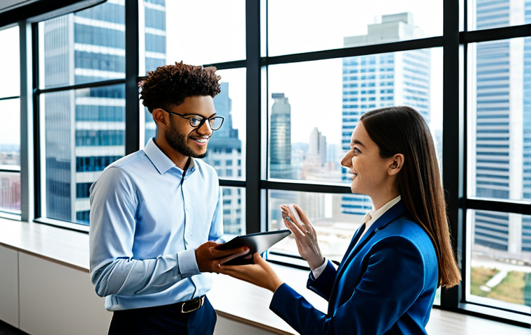 A professional exchange coordinator, a woman in a modest business suit, is guiding a young adult student, a man in appropriate casual business attire, through a detailed financial projection on a sleek, modern tablet. They are in a well-lit, contemporary office with large windows overlooking a blurred city skyline. The atmosphere is collaborative and optimistic, highlighting clarity and a clear path forward. Both subjects have perfect anatomy, correct proportions, and natural poses, with well-formed hands and proper finger count. They are fully clothed, in professional dress, safe for work, appropriate content, and family-friendly. High-quality professional photography, natural lighting.