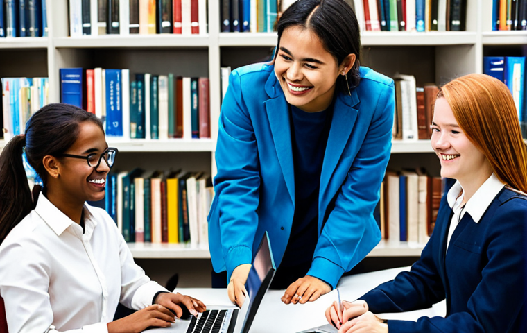 Supporting International Students - Safe & Professional Environment**

"A diverse group of fully clothed, smiling international students working together on a project in a bright, modern university library. Appropriate attire.  A supportive international student coordinator (fully clothed in professional attire) is assisting them.  Books and laptops are visible. The scene conveys collaboration, learning, and cultural exchange in a professional and family-friendly setting.  Perfect anatomy, correct proportions, natural pose. Safe for work, appropriate content, professional photography, high quality."

**
