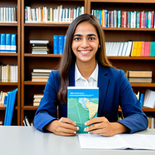 Home 8 **
A friendly and approachable university exchange coordinator, fully clothed in professional business casual attire (e.g., a blazer and blouse), sitting at a bright and organized desk in a modern Brazilian university office. The background includes bookshelves filled with academic resources and a world map. She is smiling warmly at the viewer, holding a brochure for a student exchange program in Brazil. Perfect anatomy, correct proportions, natural pose, well-formed hands, proper finger count. Safe for work, appropriate content, fully clothed, professional, family-friendly.
**