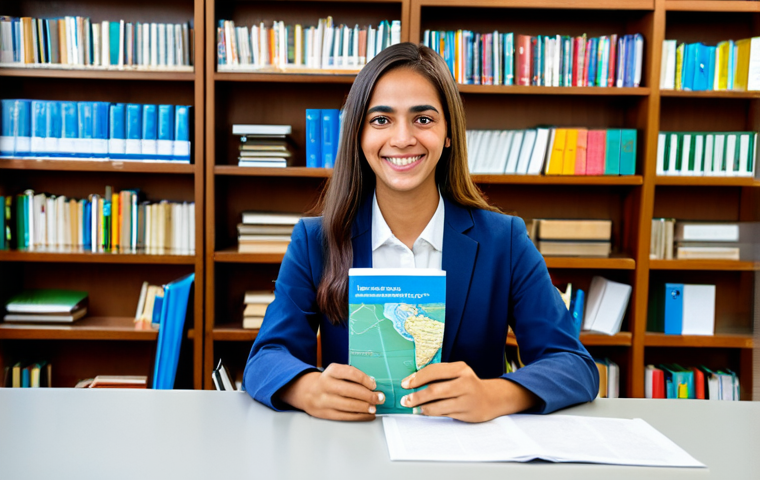 **

A friendly and approachable university exchange coordinator, fully clothed in professional business casual attire (e.g., a blazer and blouse), sitting at a bright and organized desk in a modern Brazilian university office. The background includes bookshelves filled with academic resources and a world map. She is smiling warmly at the viewer, holding a brochure for a student exchange program in Brazil. Perfect anatomy, correct proportions, natural pose, well-formed hands, proper finger count. Safe for work, appropriate content, fully clothed, professional, family-friendly.

**