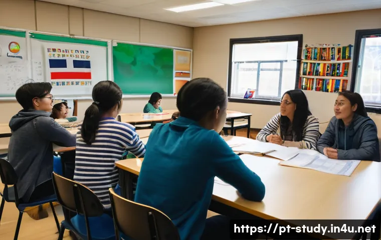 해외연수코디네이터 연수생 관리 - A warm and welcoming scene of a diverse group of international exchange students sitting in a cozy c...