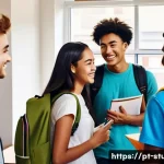 Home 22 해외연수코디네이터 해외 연수 준비 - A diverse group of young international students smiling and chatting happily in a cozy university do...