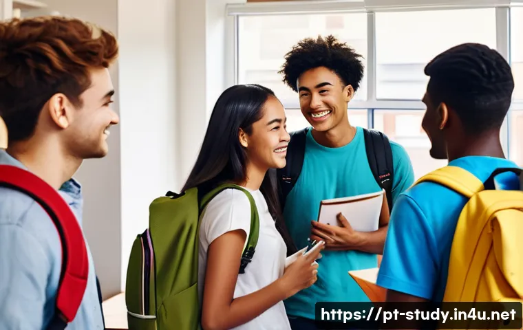 해외연수코디네이터 해외 연수 준비 - A diverse group of young international students smiling and chatting happily in a cozy university do...