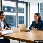 Home 21 해외연수코디네이터 합격 후기 - A professional young adult woman confidently leading a diverse team meeting in a modern office setti...