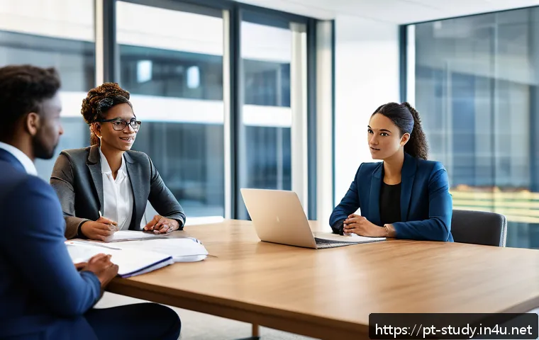 해외연수코디네이터 합격 후기 - A professional young adult woman confidently leading a diverse team meeting in a modern office setti...