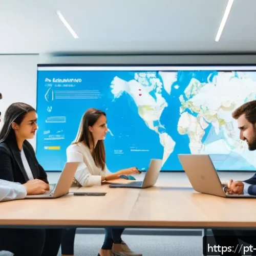 Home 32 해외연수코디네이터 안전 관리 - A professional team of international exchange coordinators in a modern office setting, gathered arou...