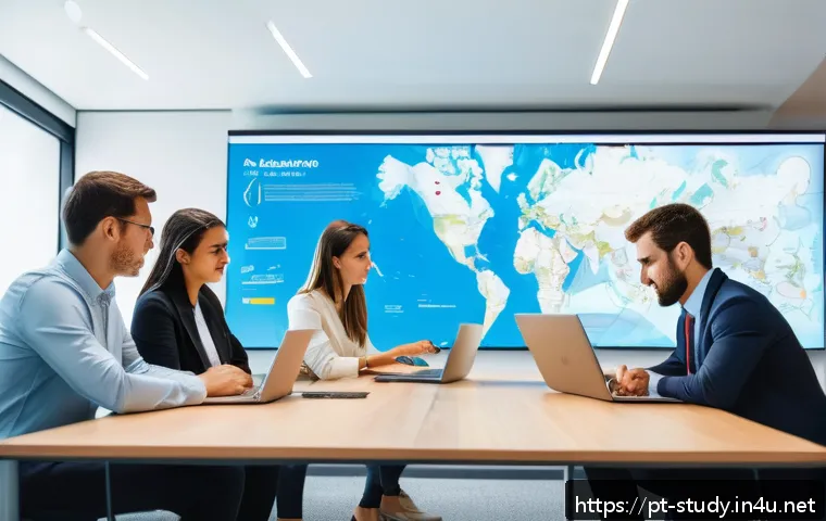 해외연수코디네이터 안전 관리 - A professional team of international exchange coordinators in a modern office setting, gathered arou...