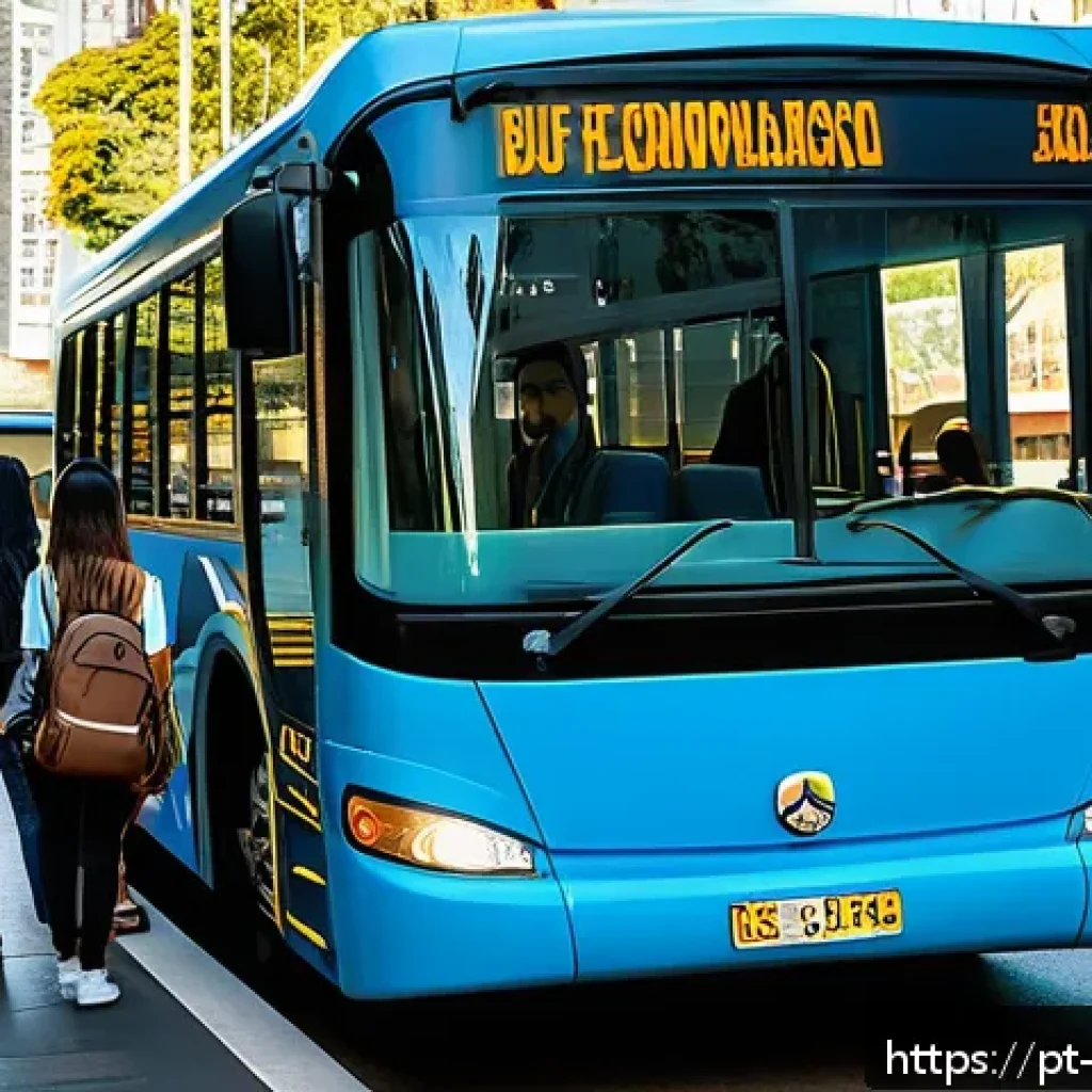 해외연수코디네이터 연수 생선 관리 - A detailed urban scene showing international exchange students boarding a comfortable, modern bus in...