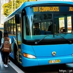 Home 23 해외연수코디네이터 연수 생선 관리 - A detailed urban scene showing international exchange students boarding a comfortable, modern bus in...