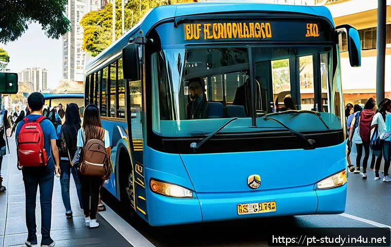 해외연수코디네이터 연수 생선 관리 - A detailed urban scene showing international exchange students boarding a comfortable, modern bus in...