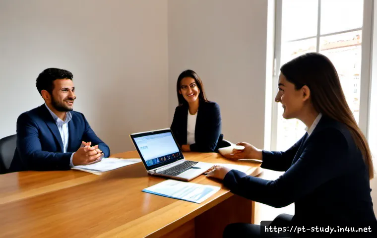 해외연수코디네이터 고객 신뢰 구축 - Photorealistic overseas training coordinator warmly meeting a Portuguese client in a bright Lisbon c...