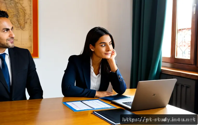 Home 17 해외연수코디네이터 비즈니스 커뮤니케이션 - Photorealistic international training coordinator in a modern Lisbon business office, professionally...